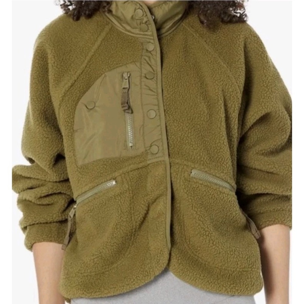 New Free People FP Movement Hit The Slopes Fleece Jacket Olive Button Woman S